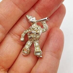 Vintage Crystal Art Deco Style Sailor Clown Blowing Horn Brooch Silver Rhodium